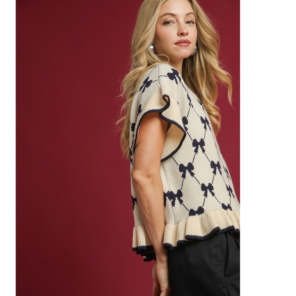 Umgee Cream and Black Bow Sweater